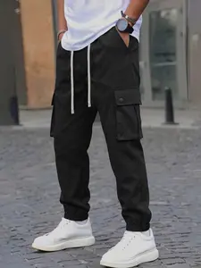 Men's spring solid color drawstring waist multi-pocket casual pants, multifunctional and suitable for outdoor activities