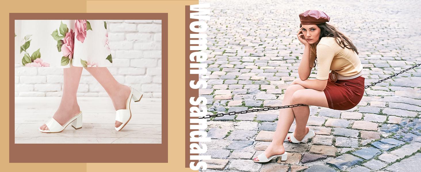 Women's Square Open Toe Heels Sandals Low Block Chunky Heeled Sandal Slip on Mules Comfortable Casual Dress Pumps Shoes