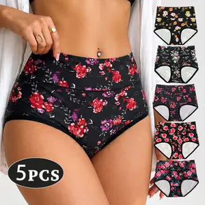 5 Pack Women High Waist Printed Panties, Soft Breathable Full Coverage Hip Briefs Comfort Healthy Daily Underwear