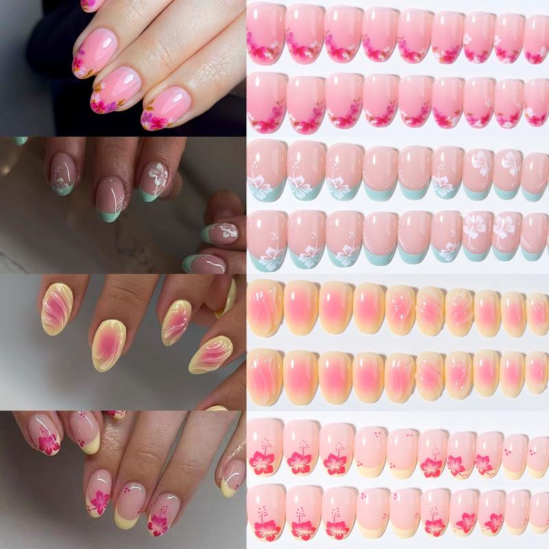 96pcs Short Oval False Nails, Acrylic Fake Nails, Multicolor Floral French Style, Y2K Acrylic Press-On Nails, Reusable for Women and Girls
