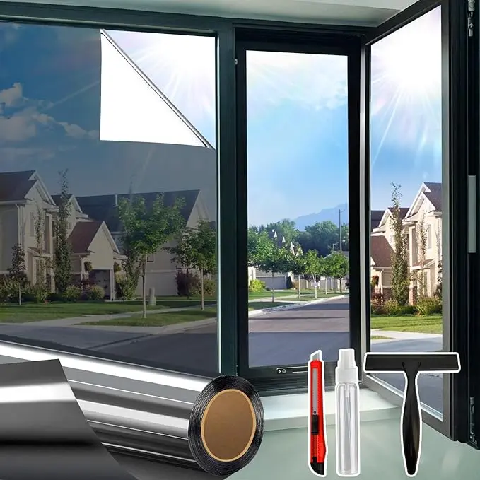 No-Drilling Dark-Colored Black Energy-Saving Window Privacy Film for Home, 17.5"X78.7" Black-Silver, Reflective Mirror Glass Covering, Sun Heat & UV Blocking, See Out Not In, No-Drilling Window Films, Black Window Films
