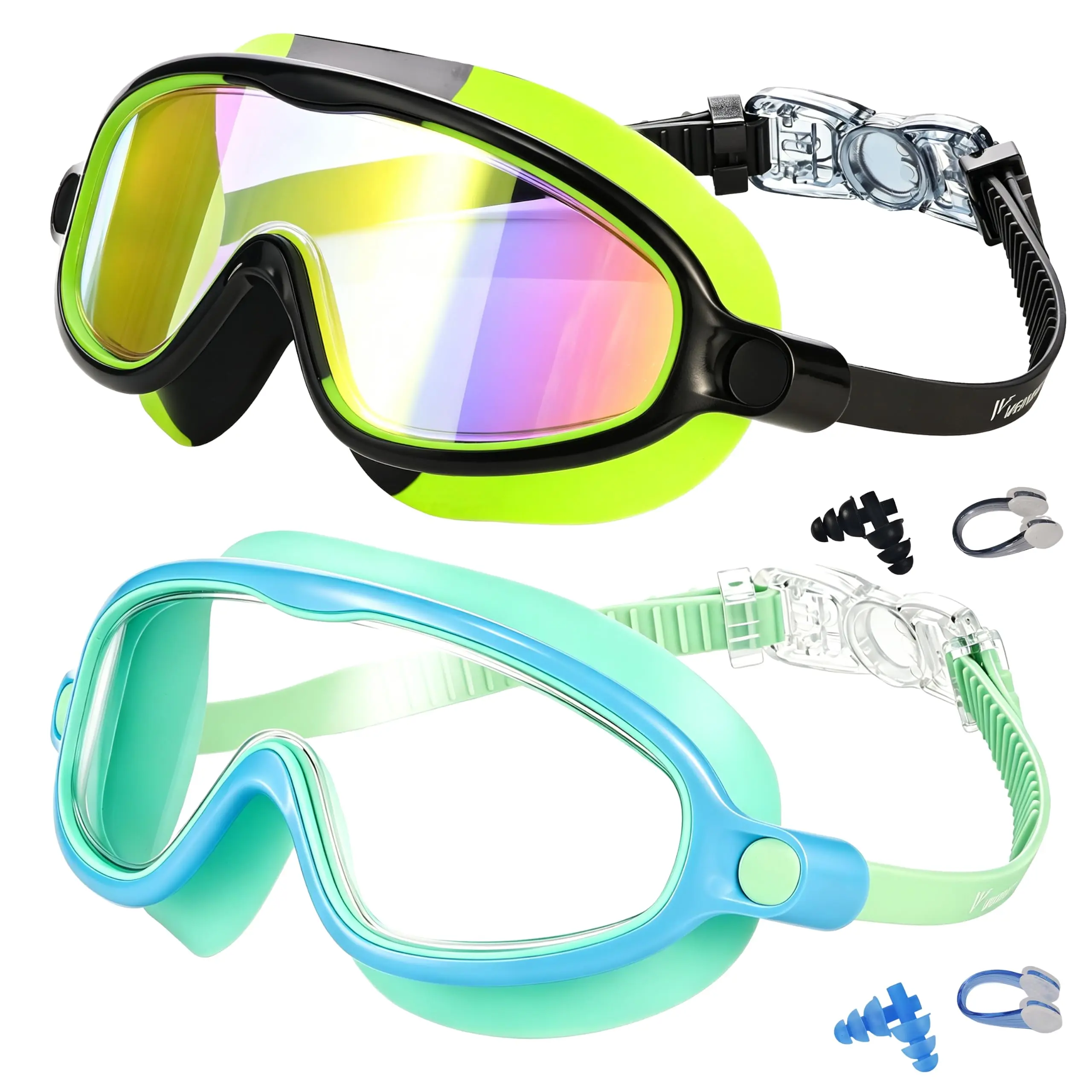 2 Pack Kids Swim Goggles for 3-15+ UV Protection Anti-Fog High Definition Waterproof Adjustable Goggles for Boys and Girls - Safety anti-uv swimming goggles swim glass anti-fog with Earplugs & Nose Clip,for Lake,Beach, Summer Party
