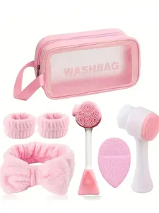 7-Piece Facial Cleansing Set, Deep Cleansing Beauty Spa Mask Brush Set, Soft Velvet Headband, Hair Tie Set, Gentle Scrub Brush, Silicone Detailing Facial Brush, Portable Skin Care Tool With Wash Bag For Women