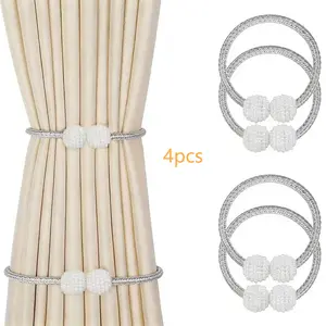 Magnetic Curtain Tiebacks Set of 4, Faux Pearl Decorative Window Covering Holdbacks, Easy-To-Use Drapery Straps for Bedroom & Living Room, Window Decorations Supplies