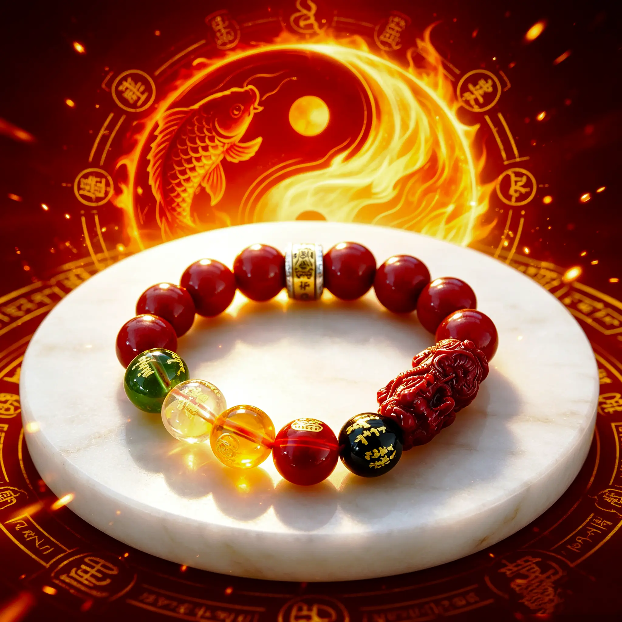 Oriental Elastic Cinnabar Round-Bead Single-Loop Bracelet with Carved Ornament and Multi-Color Beads (Fashion Costume Jewelry Accessory)