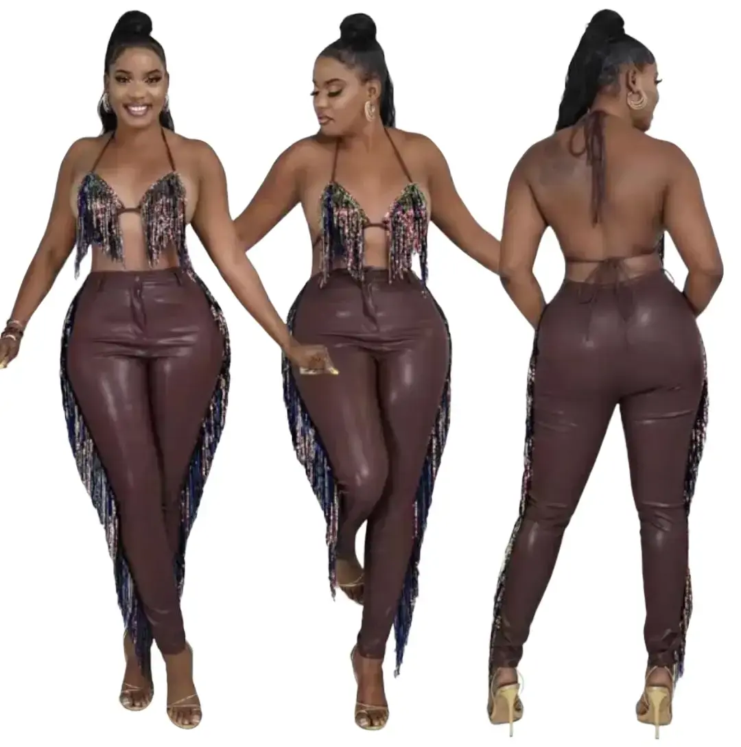 sexy cowgirl Women Leather Suits Bralette Pants Tassel Womenswear