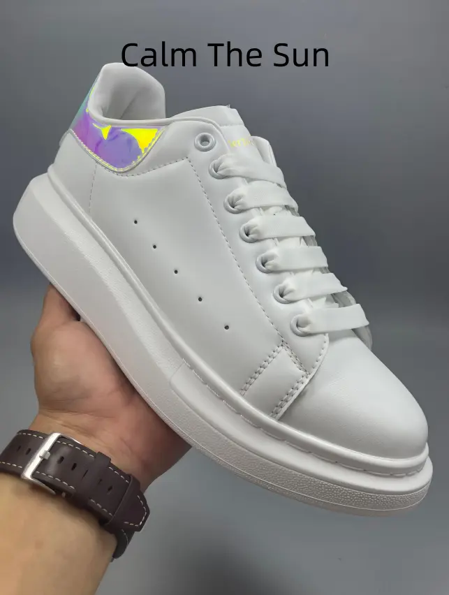 All White Smooth Leather Platform Skate Shoes Iridescent Color Changing Reflective Heel Patch Wide Flat White Laces Elevated Thick Sole Casual Street Sneakers For Men Women Daily Outfits