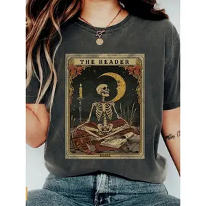 Gothic Reader Skull Graphic T-Shirt, Dark Fantasy Literature Print Crew Neck Top, Oversized Comfort Cotton Outfit, Cute Book Lover Fashion Tee, Ideal Halloween & Valentine’s Day Holiday Gift For Her