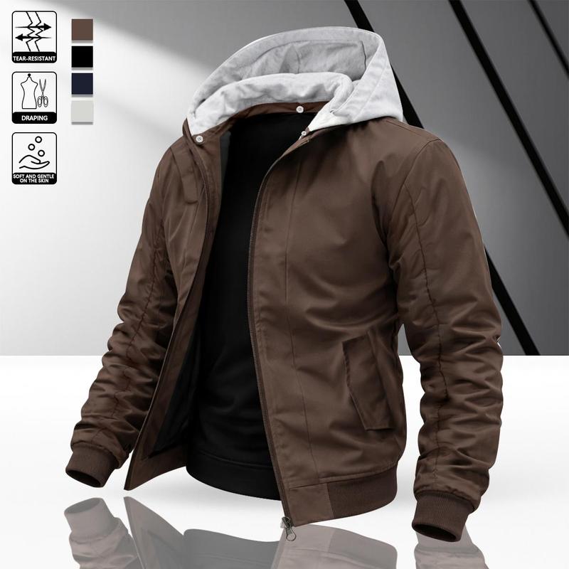 Men's Simple Contrasting Color Hooded Bomber Jacket Delicate Smooth Fabric Three Dimensional Tailoring Trendy Commuting Style Light Social Adaptation Personalized Versatile Model