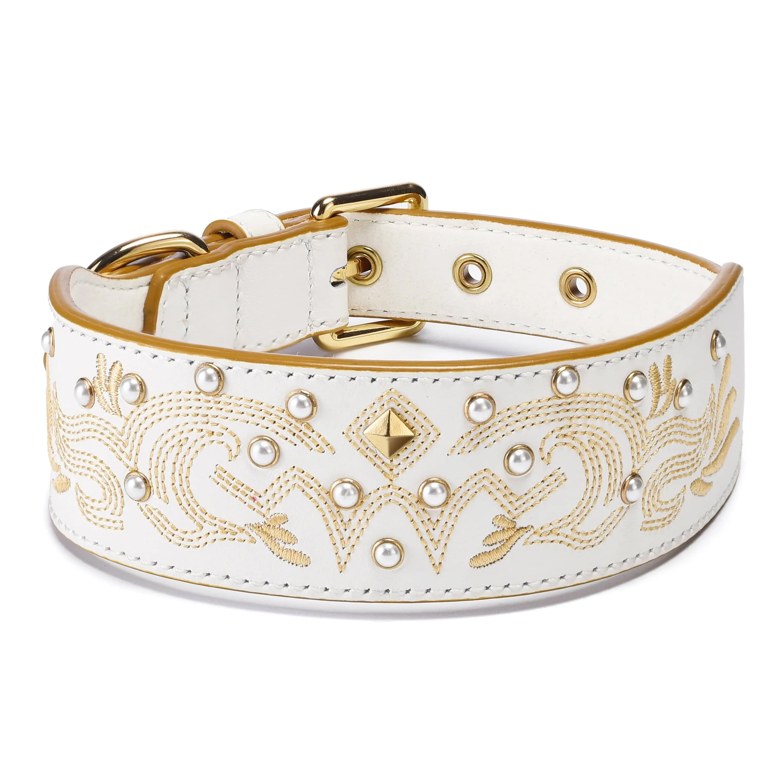 Western Style Full Grain Genuine Leather Embroidered Dog Collar with Pearl
