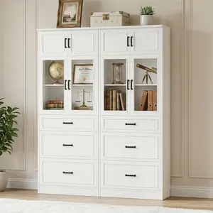 Homieasy 80" Tall Kitchen Pantry Storage Cabinet with Glass Doors, Tall Modern Glass Display Cabinet, Adjustable Shelves & 3 Drawers, Versatile Tall Storage Cupboard for Kitchen, Dining Room, Living Room, Bathroom, mothersdaygift