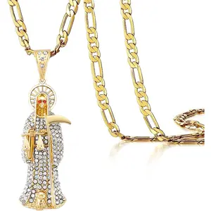 Santa Muerte Necklace Diamond 14K Gold Plated Santa Muerte Pendant Jewelry With Sickle Holiday Gift (Gold 283)