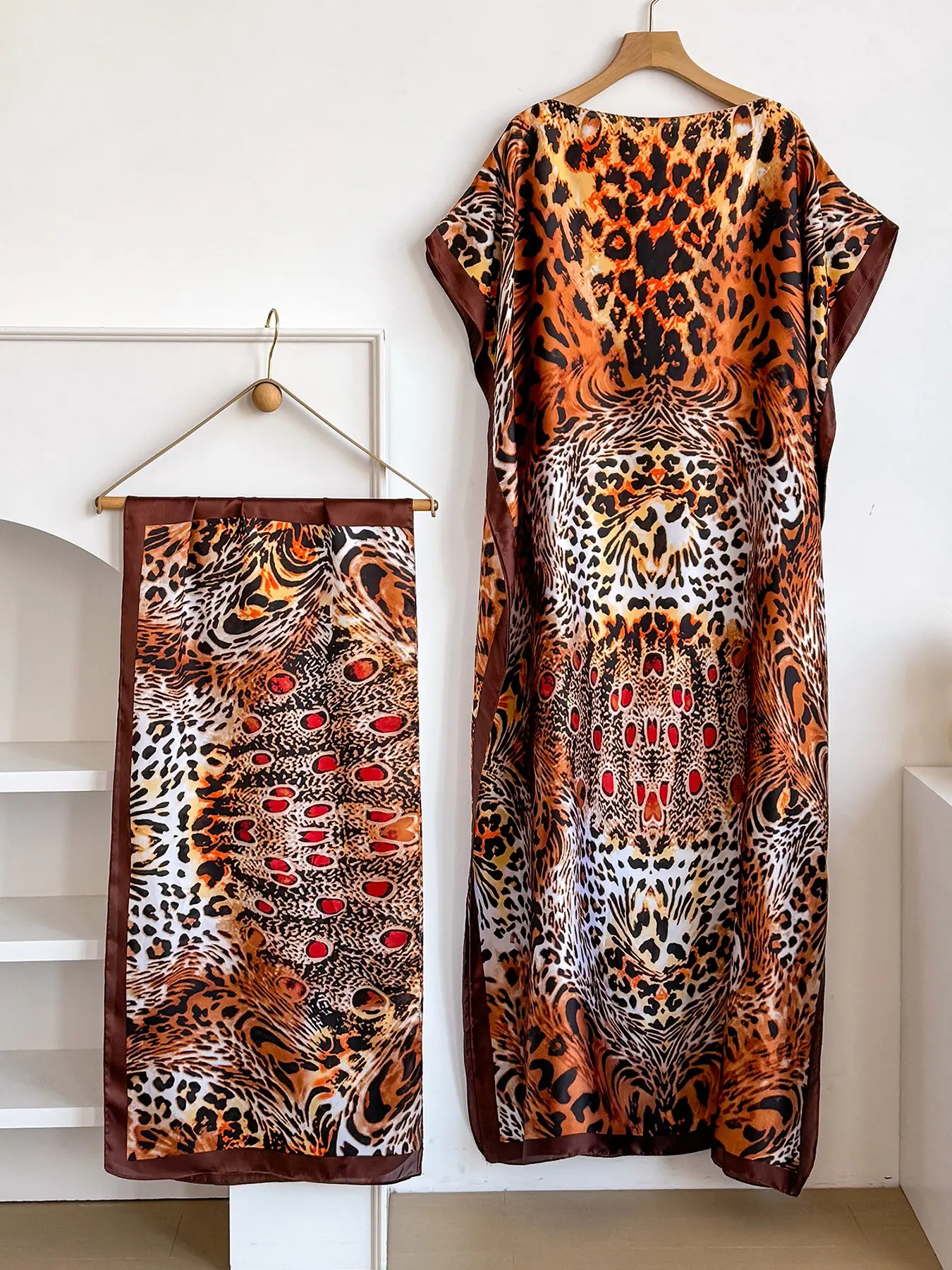Elegant Leopard Print Robe Set, Shawl Long Dress, Sun Protection Silk Scarf, Beachwear for Women, Stylish Summer, Beach Cover Ups, Summer Coverup, Beach Coverups