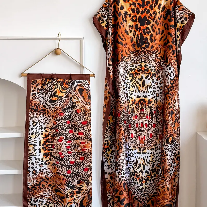Elegant Leopard Print Robe Set, Shawl Long Dress, Sun Protection Silk Scarf, Beachwear for Women, Stylish Summer, Beach Cover Ups, Summer Coverup, Beach Coverups