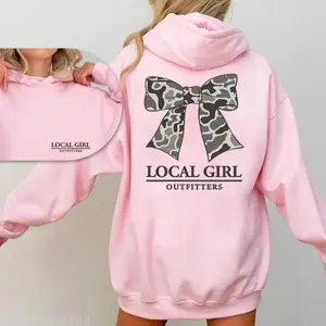 Made in USA Local Girl Coquette Bow Hoodie and Sweatshirt, 100% Cotton Coquette Bow Camouflage design, casual hooded pullover, cotton womenswear oversized print, perfect for stylish cozy outfits