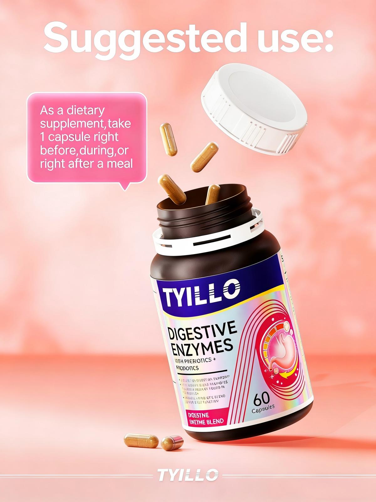 TYILLO Digestive Enzymes with Prebiotics & Probiotics 60 Capsules – Digestion Support & Flatulence Relief for Better Gut Health TYILLO Digestive Enzymes with Prebiotics & Probiotics 60 Capsules – Digestion Support & Flatulence Relief for Better Gut Health