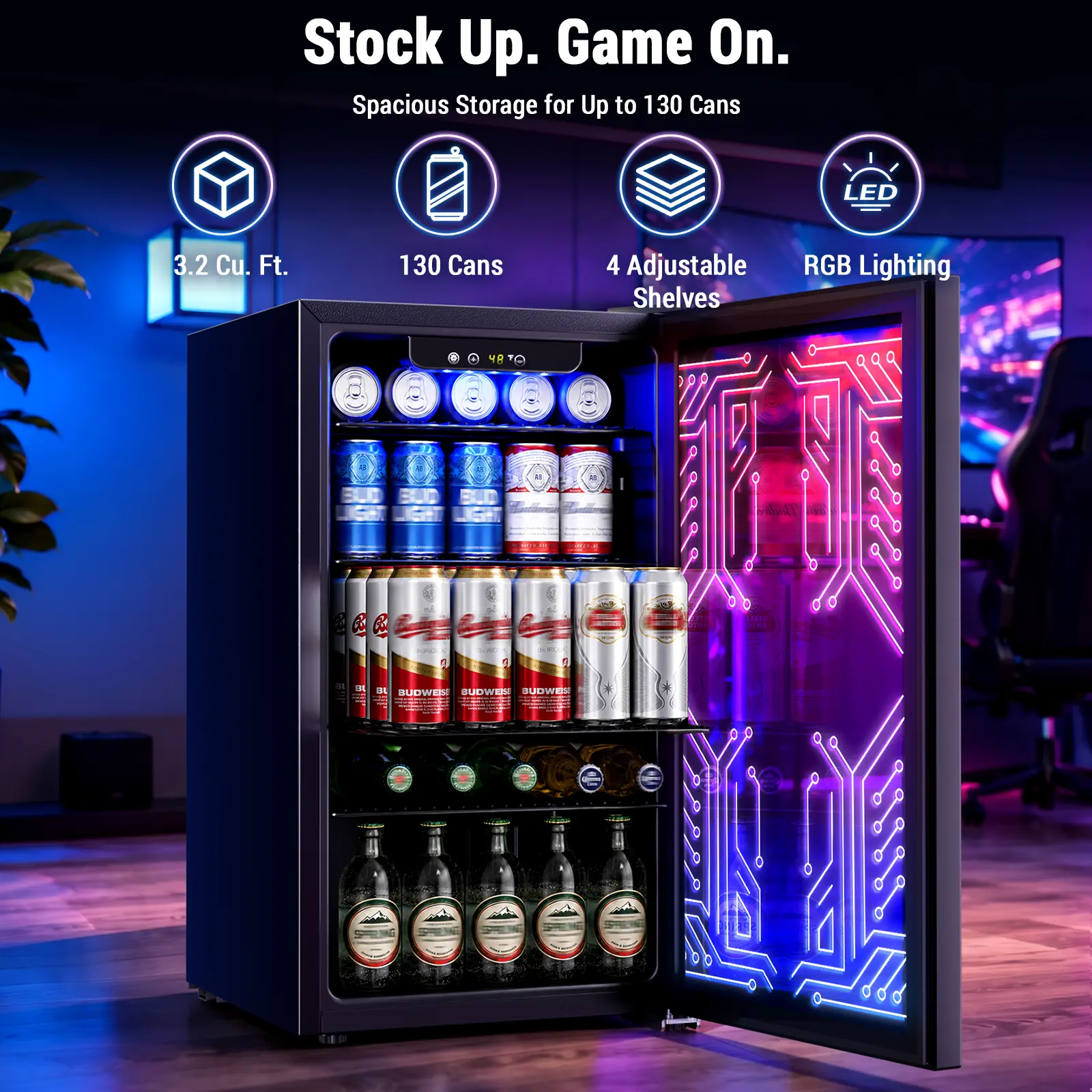 Antarctic Star 3.2 Cu.ft Mini Fridges - Freestanding Beverage Refrigerator, Drink Cooler with LED Light-Up Door, 130-Can Capacity, 4 Removable Shelves for Gaming Room, Home Bar