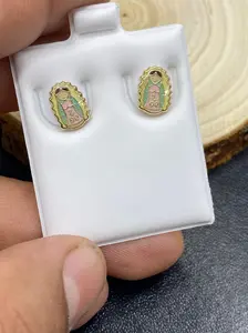 Virgen de Guadalupe Earrings Stud Screw Back Pink Enamel for Kids Girls Womens First Communion Baptism Gifts