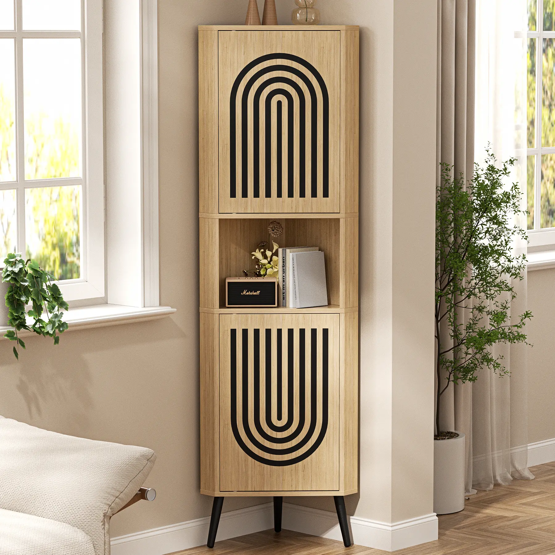 Oakault Tall Corner Cabinet, 65'' Corner Storage Cabinet with 2 Hollow Door | Bhoho Corner Shelf with 2 Doors, 6 Tiers Shelves, Space-saver, Living Room, Kitchen, Bathroom, Office, Apartment, Oak