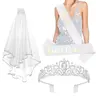 3pcs Crown + Bride To Be Sash + Veil Set, Bachelorette Party Bridal Shower Decorations Bride To Be Gifts Wedding Veil Tiara Bachelorette Veil Bridal Shower for Bride Sash Bachelorette Sash