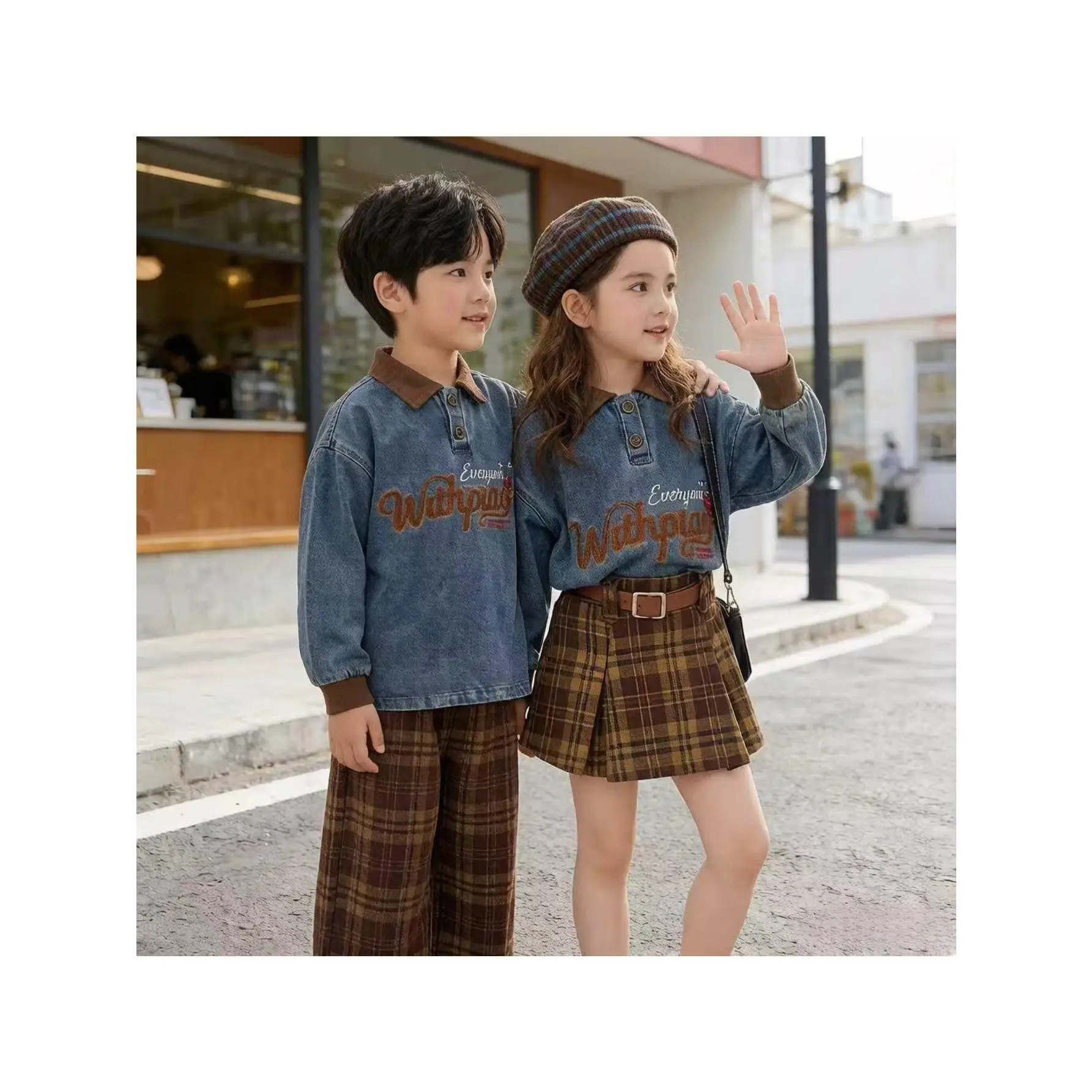 Girls' Fashionable and Trendy Turn-down Collar Letter Print Denim Plaid Skirt Set