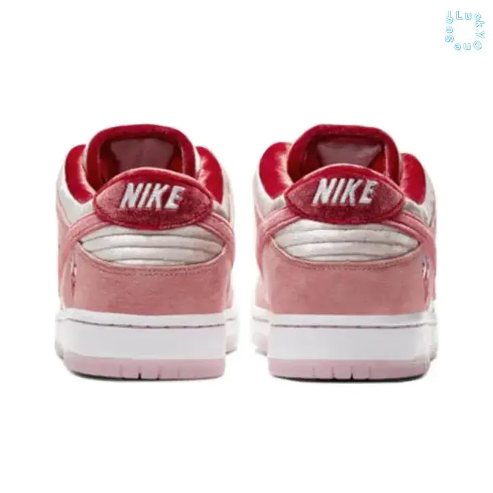 Low-top Skate Sneakers | Two-tone Pink and White Mixed Suede and Plush Upper with Red Laces and Small Heart Graphic Embroidery | White and Light Pink Transparent Rubber Sole for Daily Streetwear