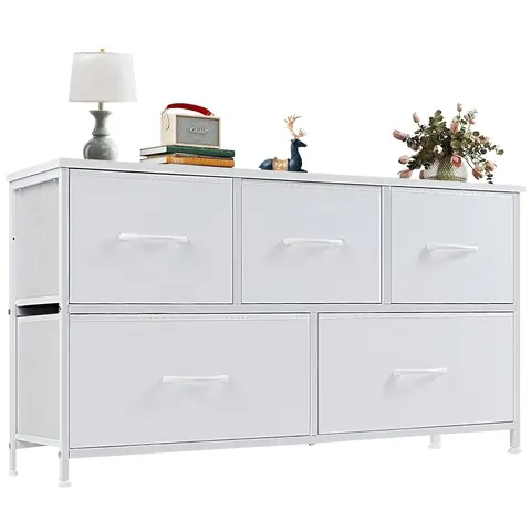 Sweetcrispy Metal Wood Rectangular 5-Drawer Fabric Cabinet - Modern Dresser for Bedroom, Chest Drawer Closet Organizer, Entryway Storage Solution