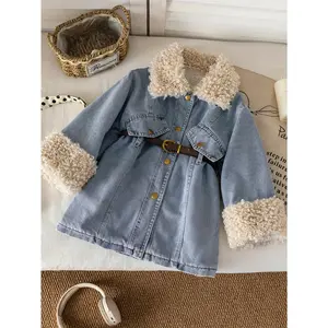 Girls' Winter Denim Jacket with Fluffy Collar & Belt - Soft Blue Coat, Single-Breasted Button Closure, Warm Casual Outerwear for, Playdates, Skiing & Casual Attire ( to Teen)