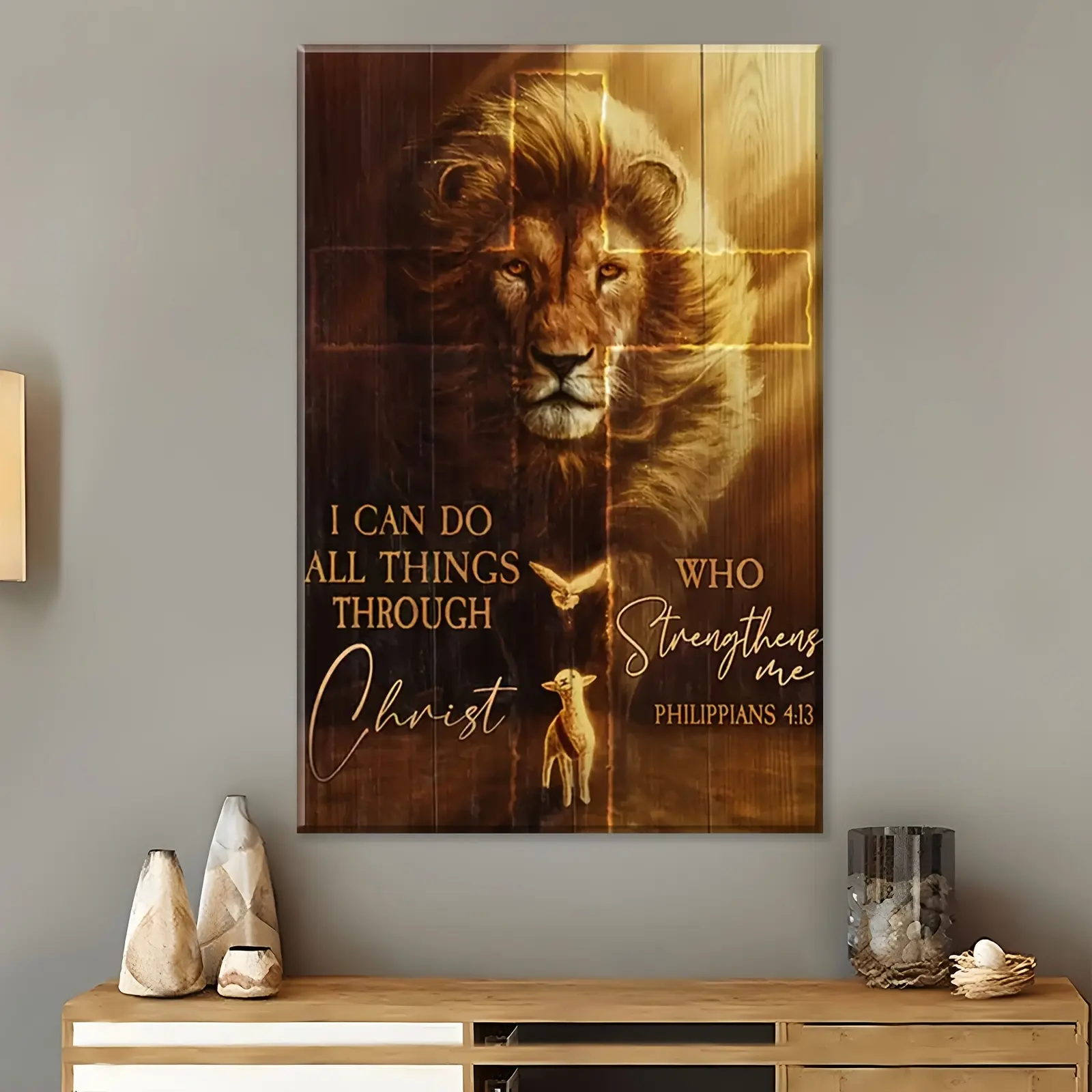 1pc Wooden Framed Canvas Print - Majestic Lion & Lamb with Inspirational Philippians 4:13 Quote, Waterproof Modern Vertical Rectangle Wall Decor, Ready to Hang for Home or Office