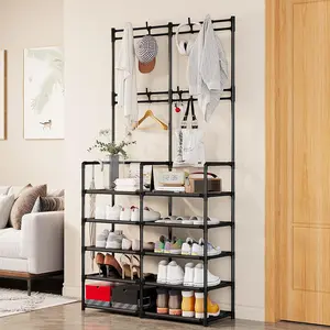 5-Tier Coat and Shoe Rack, Entryway Coat Rack with 8 Hooks, Double Row Shoes Organizer for Living Room, Bedroom, Office, Black