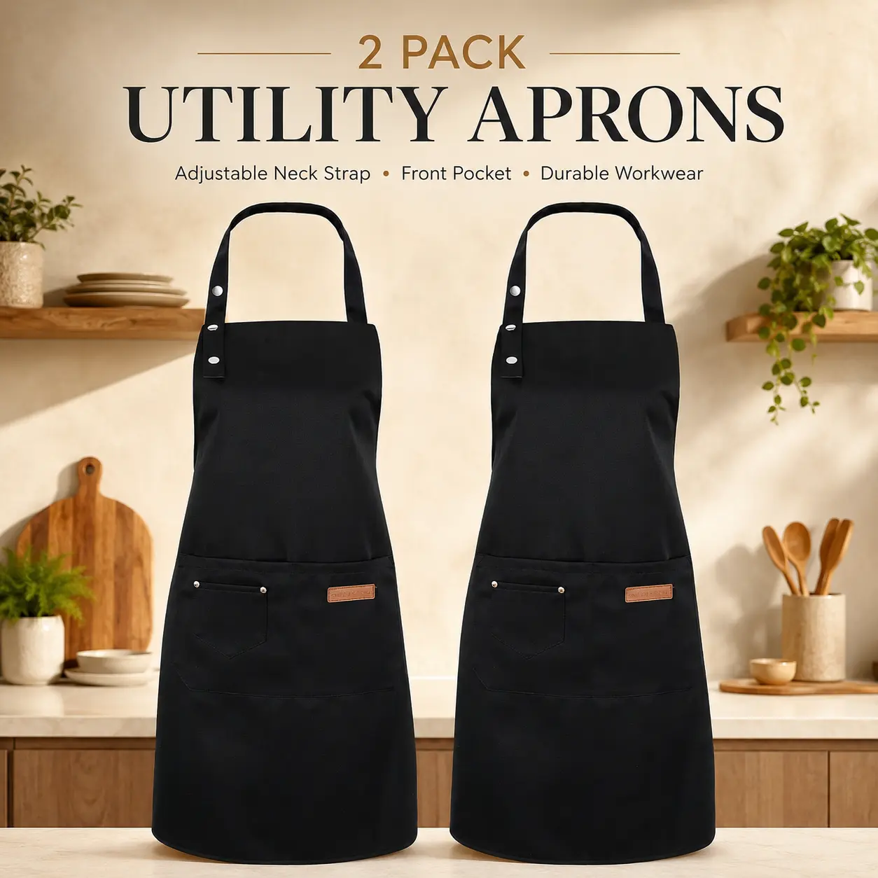 Set of 2 Black Aprons - Adjustable & Pocketed for Cooking, Grilling, Baking and Arts