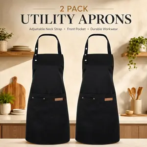 Set of 2 Black Aprons - Adjustable & Pocketed for Cooking, Grilling, Baking and Arts