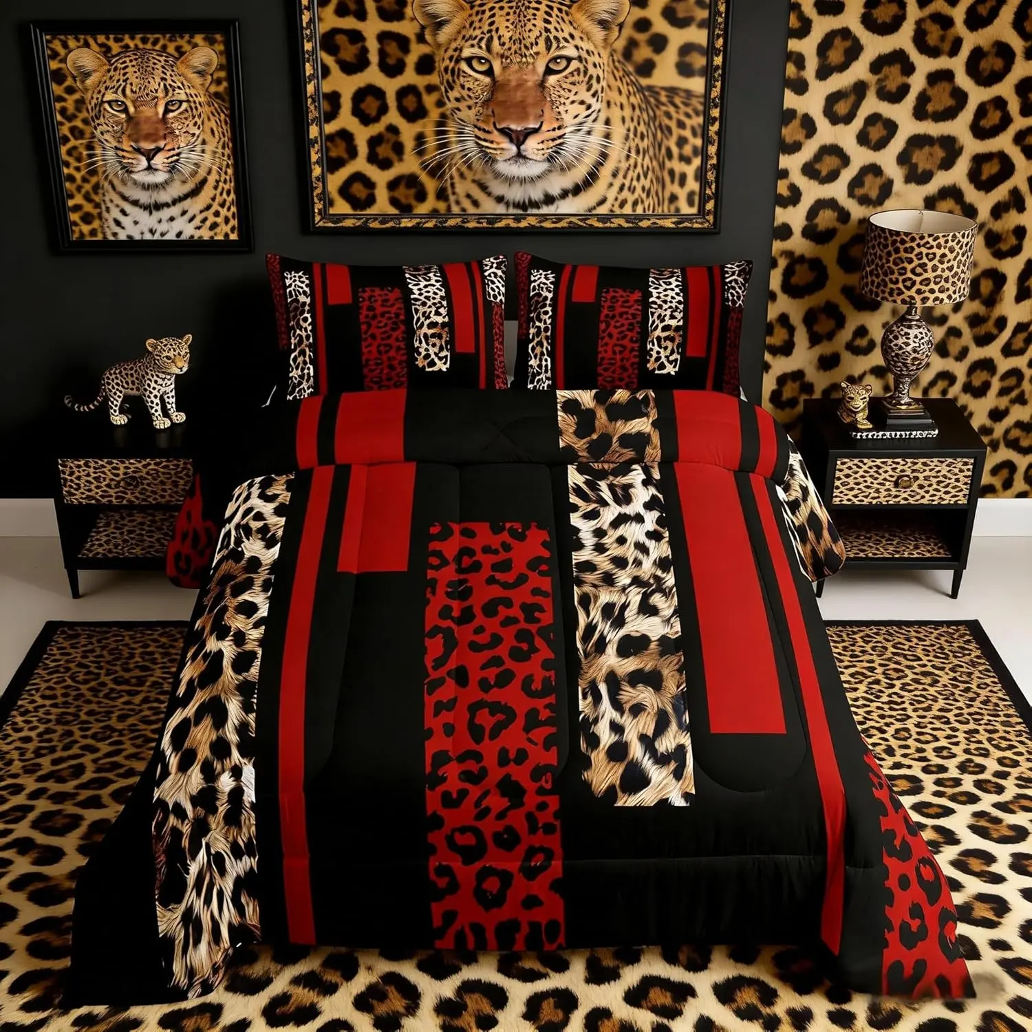 Feelyou Bed Comforter Set - Leopard Animal Prints, Rustic Red Brown Wildlife Theme, Geometric Stripes Patchwork, Machine Washable for RV Homes & Women’s Cabin Decor (Duvet Insert Option)