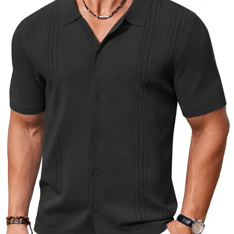 COOFANDY Men's Knit Button Down Shirt Short Sleeve Cuban Guayabera Shirts Casual Textured Polo Summer Tops