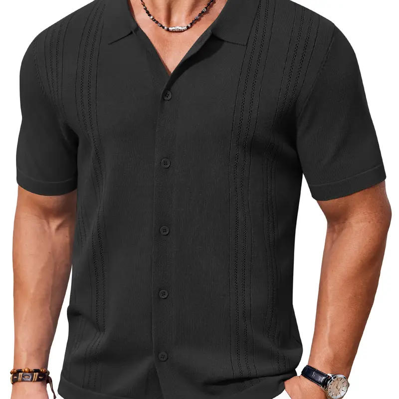 COOFANDY Men's Knit Button Down Shirt Short Sleeve Cuban Guayabera Shirts Casual Textured Polo Summer Tops