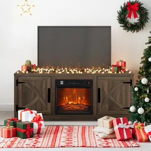 PARROT UNCLE 58" Farmhouse TV Stand with 18" Insert Electric Fireplace for Living Room Rustic White Brown Grey Finish MDF Laminate Construction Modern Appeal Christmas Halloween