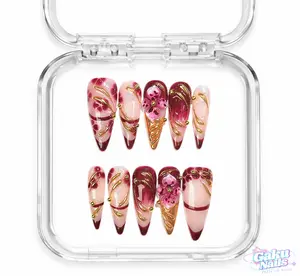 GakuNails ROSE WINE 10 PCS Stilettos Handmade Press On Nails Builder Gel Enhanced 3D Flower Majestic Luxurious selectable size Reusable
