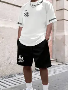 Men's Two-Piece Casual Set, Short Sleeve Crewneck T-Shirt with Matching Printed Shorts, Ideal for Spring Summer Outdoor Activities, Outfits