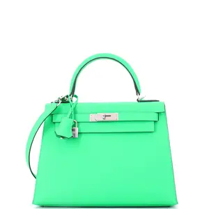 Pre-owned HERMÈS Leather Top Handle Bags Hermes Kelly Handbag Vert Comics Epsom with Palladium Hardware 28 by Rebag