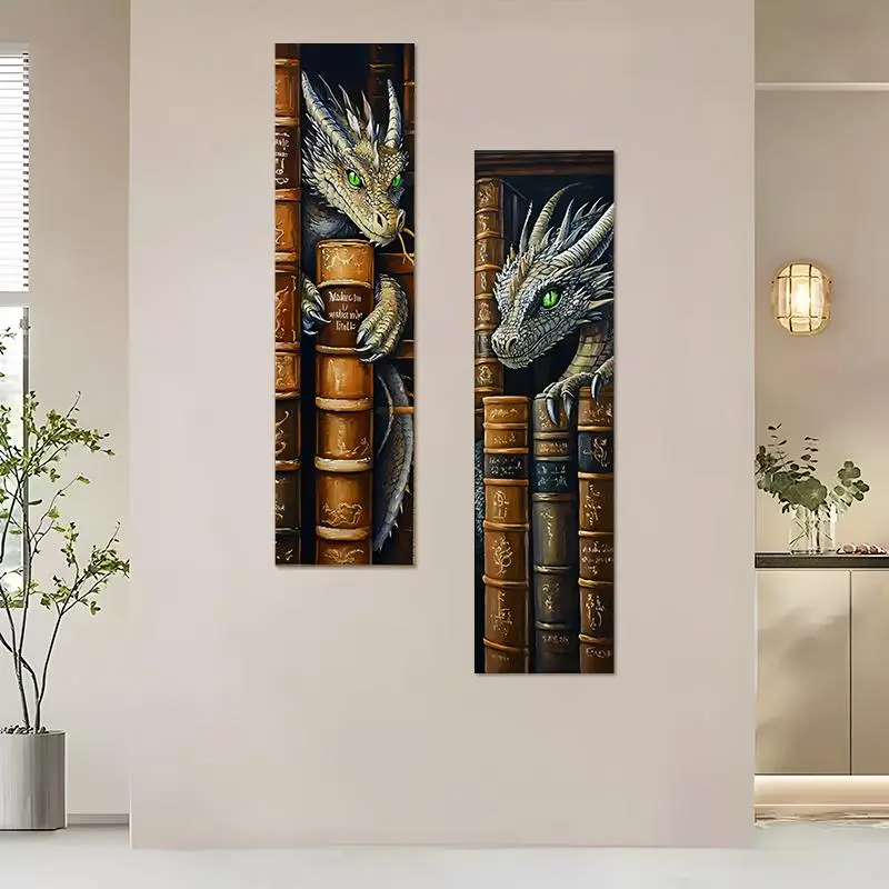 Mystical Dragon Bookshelf Pattern Wall Tapestry, 2 Counts/set Fantasy Wall Art Tapestry, Aesthetic Art Vertical Tapestry Wall Hanging for Home Dorm Decor