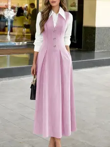 Women's Elegant Striped Dress, Shirt Collar Patchwork Color Block Button Waist Pleats Pockets Fake Two-Piece Design, Daily Commute