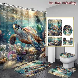 4PCS Oceanic Turtle Shower Curtain set, Colorful Sea Turtle and Marine Life Bathroom Decor, Accessories with Bath Mat, U-shaped Mat, Toilet Lid Cover, 12 Hooks 180x180cm Curtain, Underwater Paradise, Home Decor, bathroom accessories
