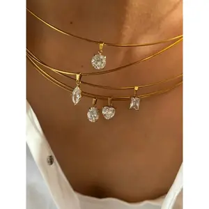 GHIDBK Statement 5 Designs Sparkling AAAA Zircon Pendant Necklace for Women Stainless Steel Choker Necklace Trendy Daily Jewelry