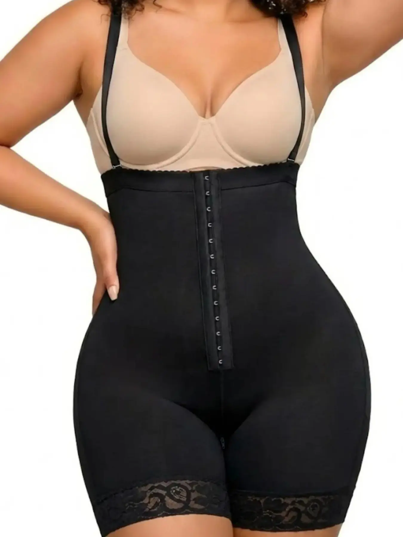 1 Count Women's Anti-Slip Lace Hem Bodysuit, Colombian Shapewear, 2-In-1 Convertible Sculpting Jumpsuit, Wave Edge Shapewear, Detachable Thin Strap Body Shaper, Fajas, Crotch Zipper Closure Shapewear Bodysuit, Suitable For Various Occasions Underwear