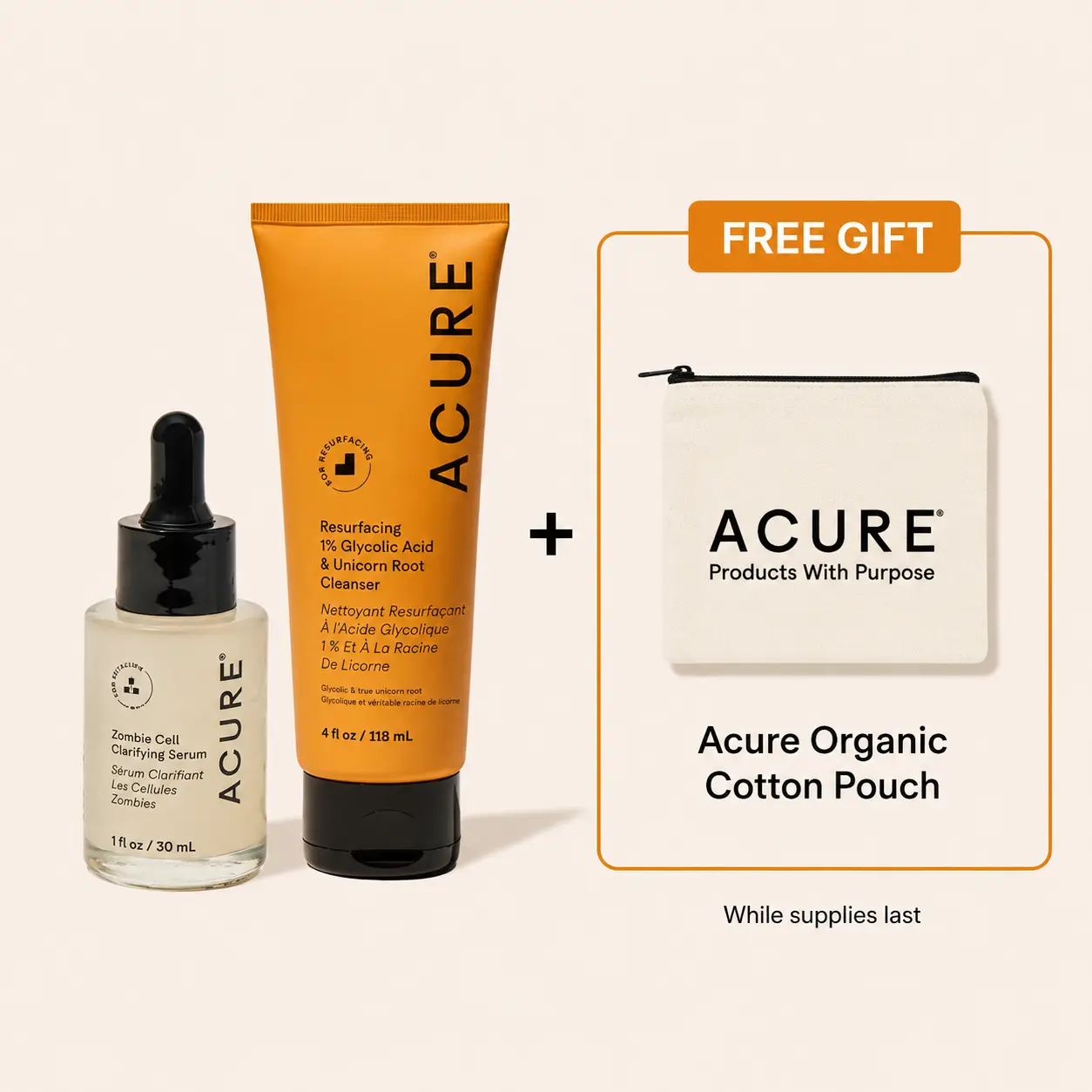 ACURE Acne Kit - Resurfacing 1% Glycolic Acid & Unicorn Root Cleanser & Zombie Cell Clarifying Serum