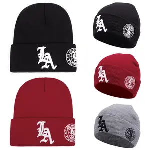 1pc LA Letter Side Earth Embroidery Men Brimless Hat Casual Warm Knitted Hat Fashion Women Beanie Hat