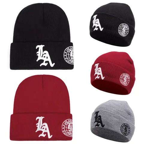1pc LA Letter Side Earth Embroidery Men Brimless Hat Casual Warm Knitted Hat Fashion Women Beanie Hat