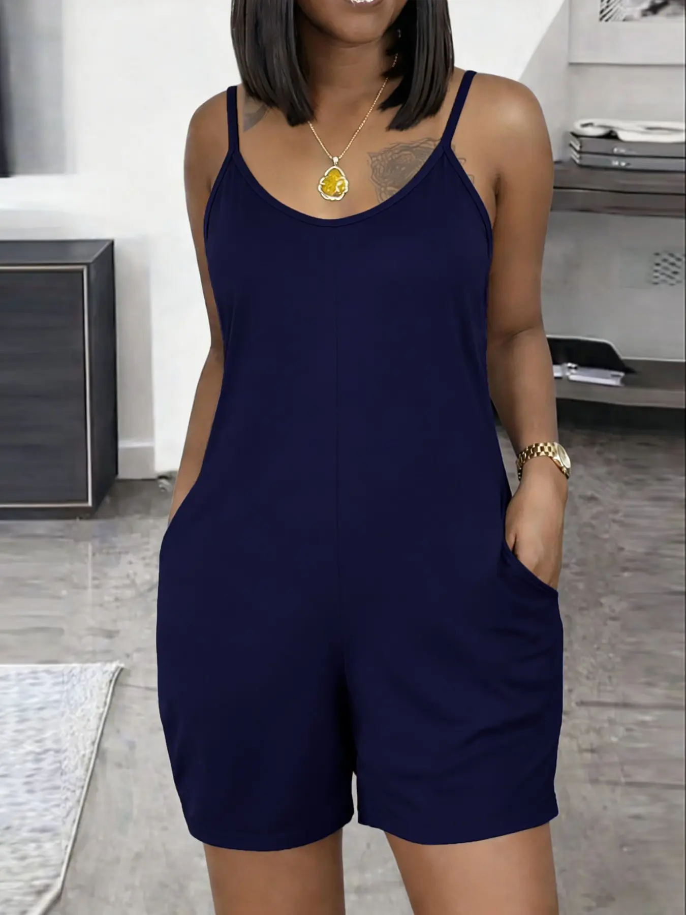 Fashionable Casual Women's Unique Basic Minimalist Spaghetti Strap Fitted Romper Pockets Womenswear