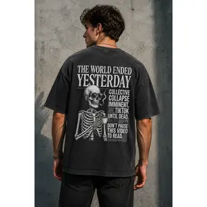 Men's Short-Sleeve Heavyweight Vintage Wash Graphic Tee - Aesthetic Streetwear with Skeleton Newspaper Print