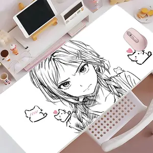 Cute Anime Girl & Cat Sketch XXL Large Gaming Mouse Pad, Minimalist Black White Desk Mat, Rubber Anti-slip Lockedge Work Office Gaming Mouse Pad, Prefect Gift